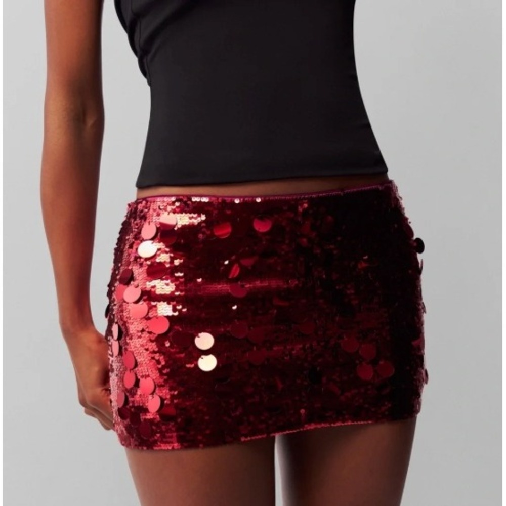 NWT GUIZIO Paillette Mini Skirt Womens S Merlot Red Sequin Glam Disco Statement